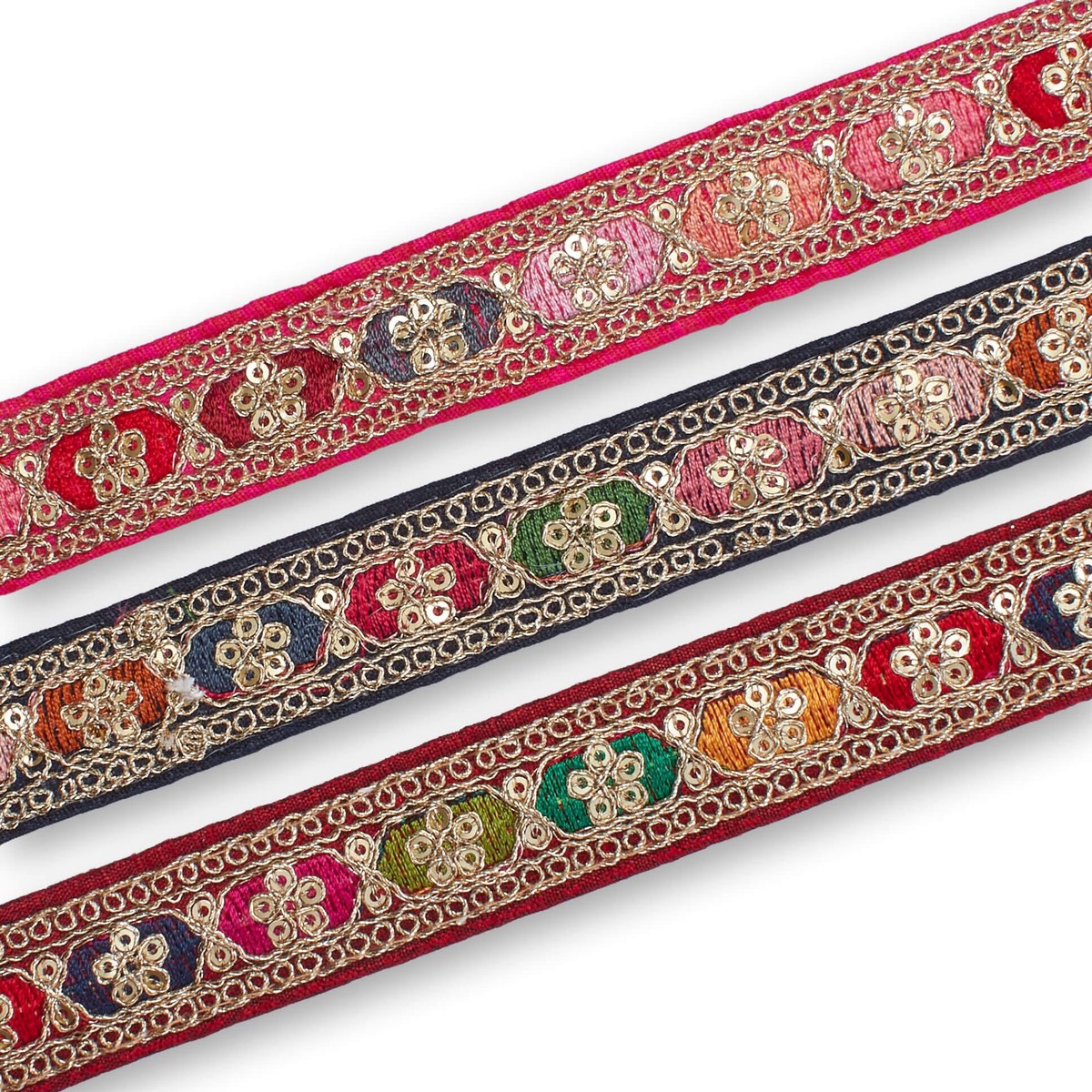 0.75 Inch Multicolored Embroidered Two Tone Plain Woven Corded Sequin Trim