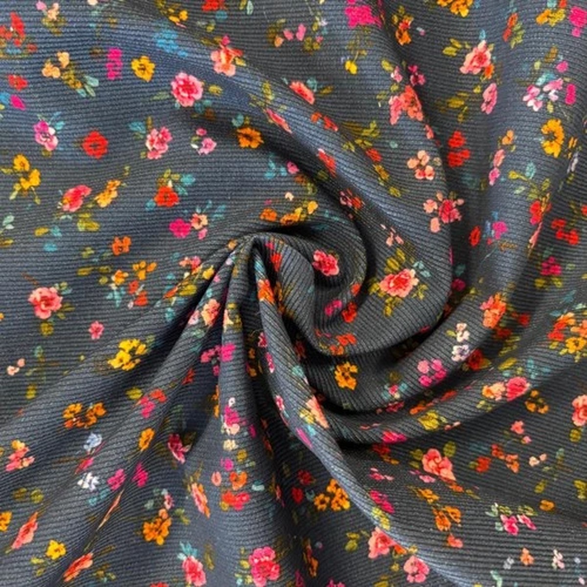 *NEW* AUTUMN PRETTY FLORAL NAVY 100% COTTON NEEDLECORD CORDUROY 110CM/43"